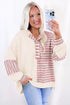 Colorblock Striped Patchwork Henley Pullover Top Exposed-Seam Drop-Shoulder